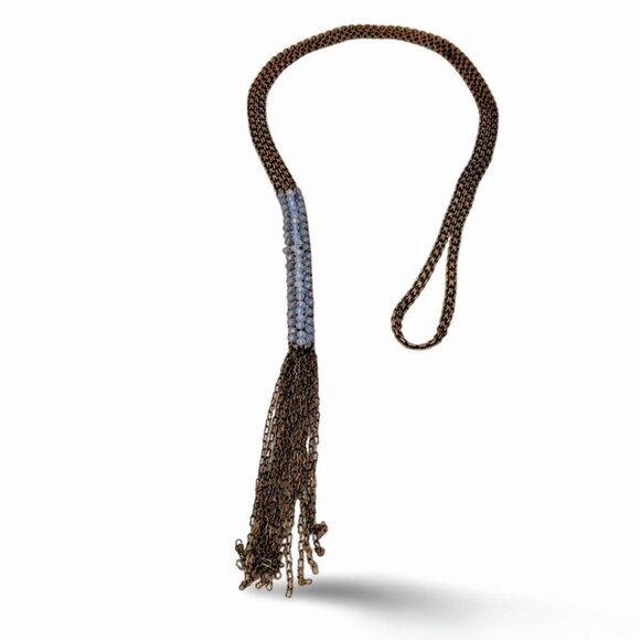 Antique Gold Tone 31”Faceted Caviar Beaded Fringe Tassel Chain Necklace JW1541 - Picture 3 of 5